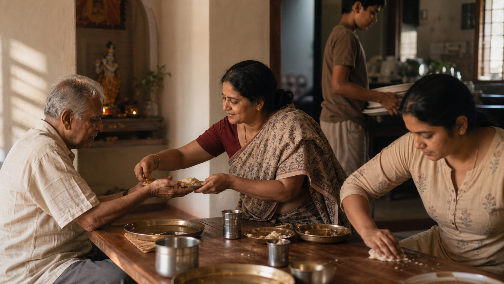 After a meal, one person shares the final serving with an older guest while other family members clear dishes and tidy the table.