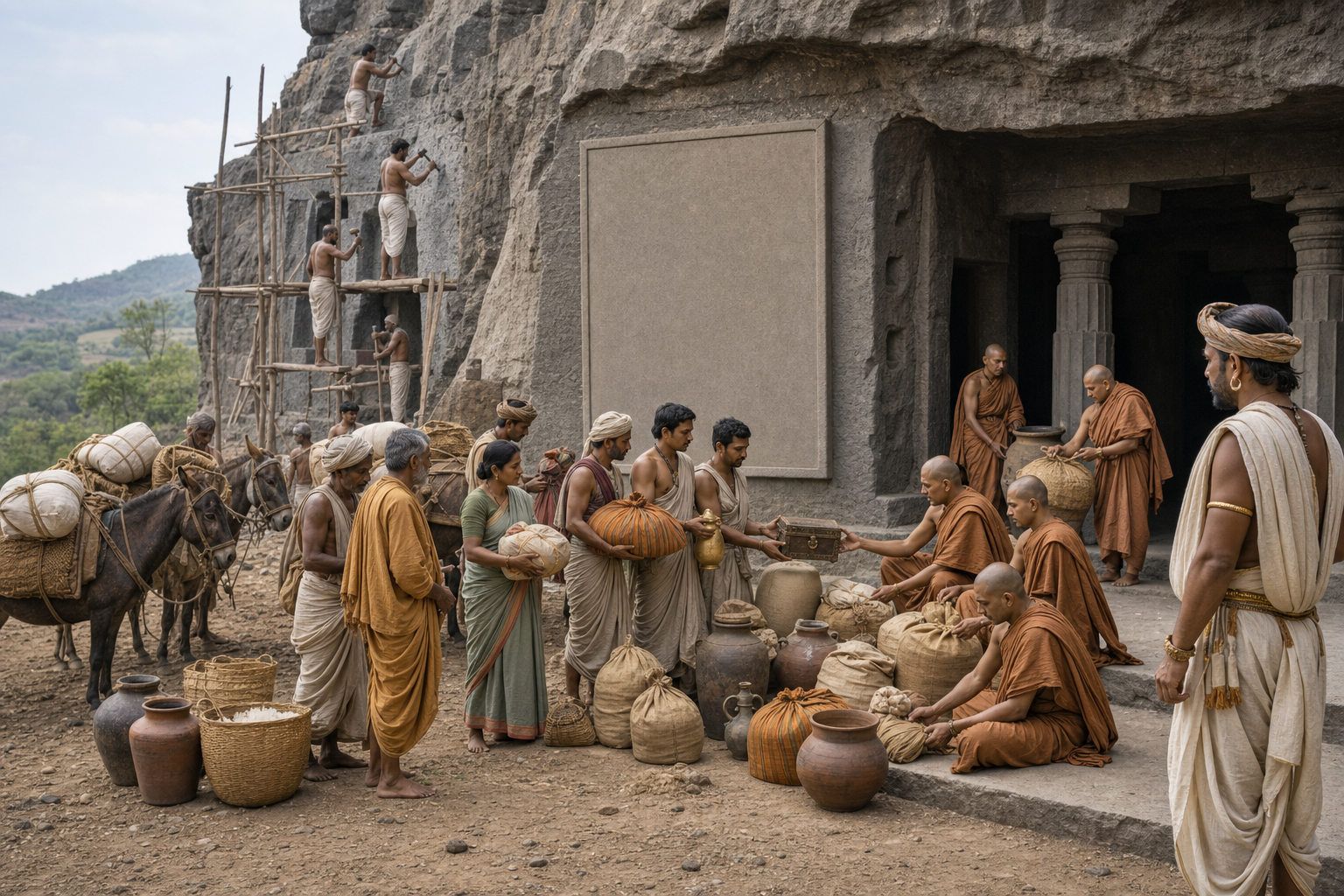 Donors deliver grain, cloth, vessels, and other goods to monastic stewards outside a Satavahana-era rock-cut cave.