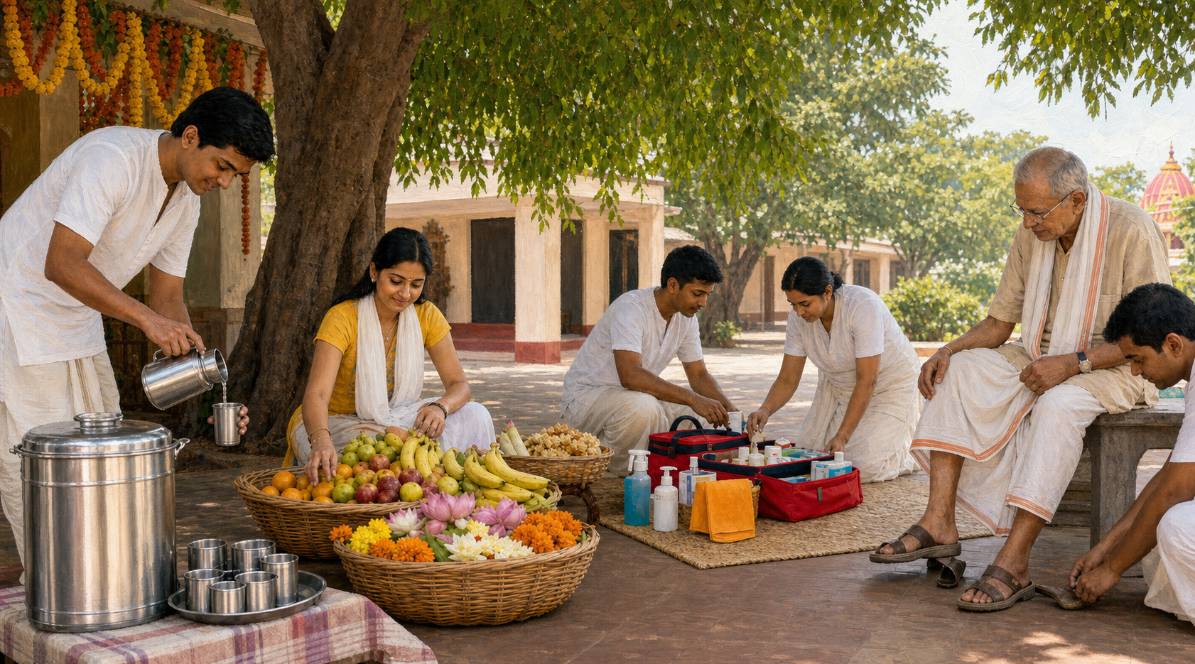 Volunteers prepare drinking water, fruit, flowers and basic safety supplies in a courtyard before a Ratha Yatra procession.