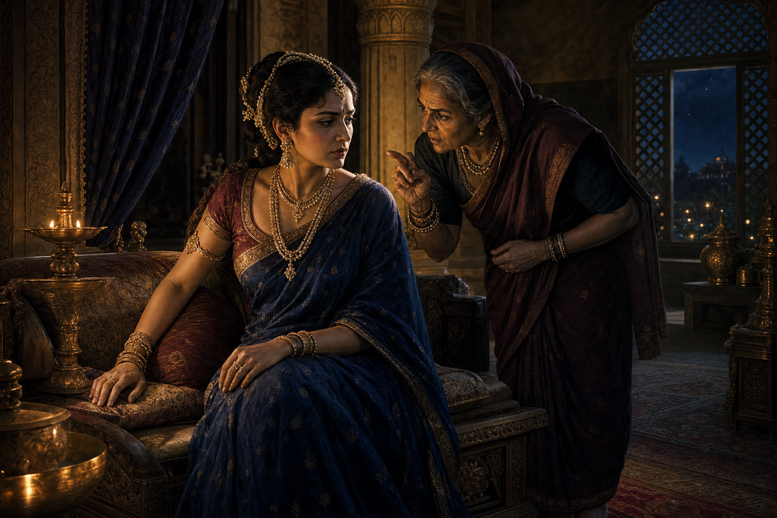 Queen Kaikeyi listens tensely as the older palace attendant Manthara speaks to her in a lamplit royal chamber.