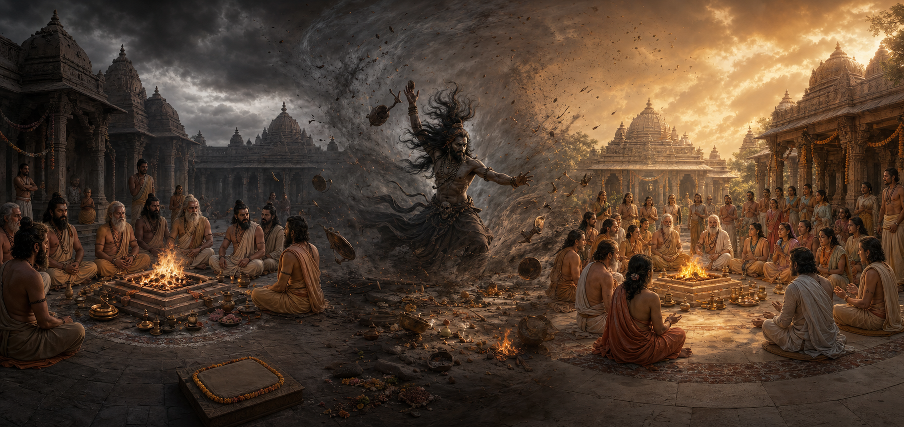A panoramic three-part scene shows exclusion at a yajna, Virabhadra entering during a storm, and the sacred gathering restored afterward.
