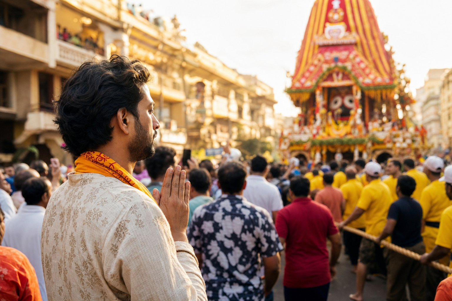 A devotee lowers a phone and folds their hands in prayer at the edge of a busy Ratha Yatra procession.