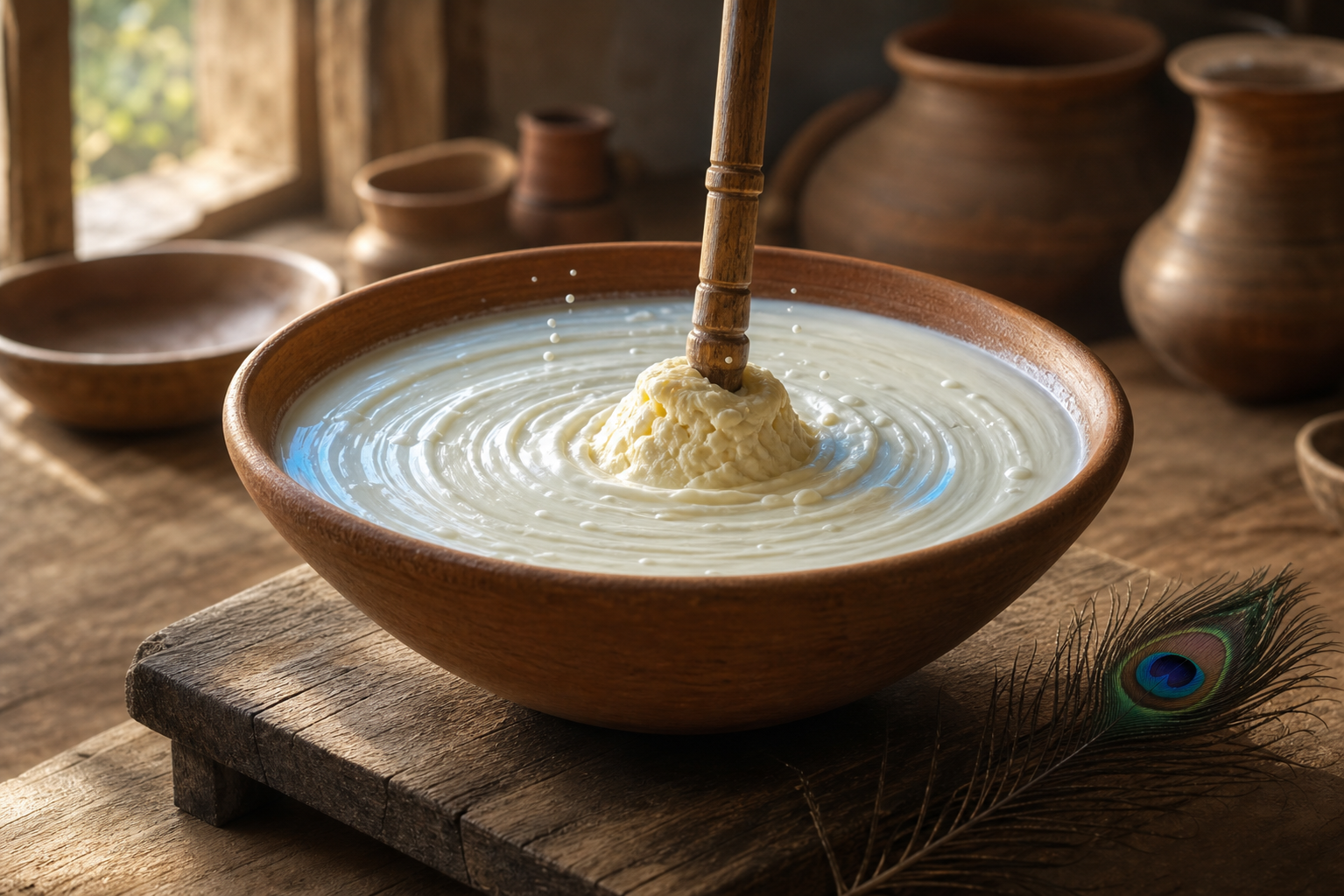 Fresh butter gathers around a wooden churning staff in an earthen bowl, with clay vessels and a peacock feather nearby.