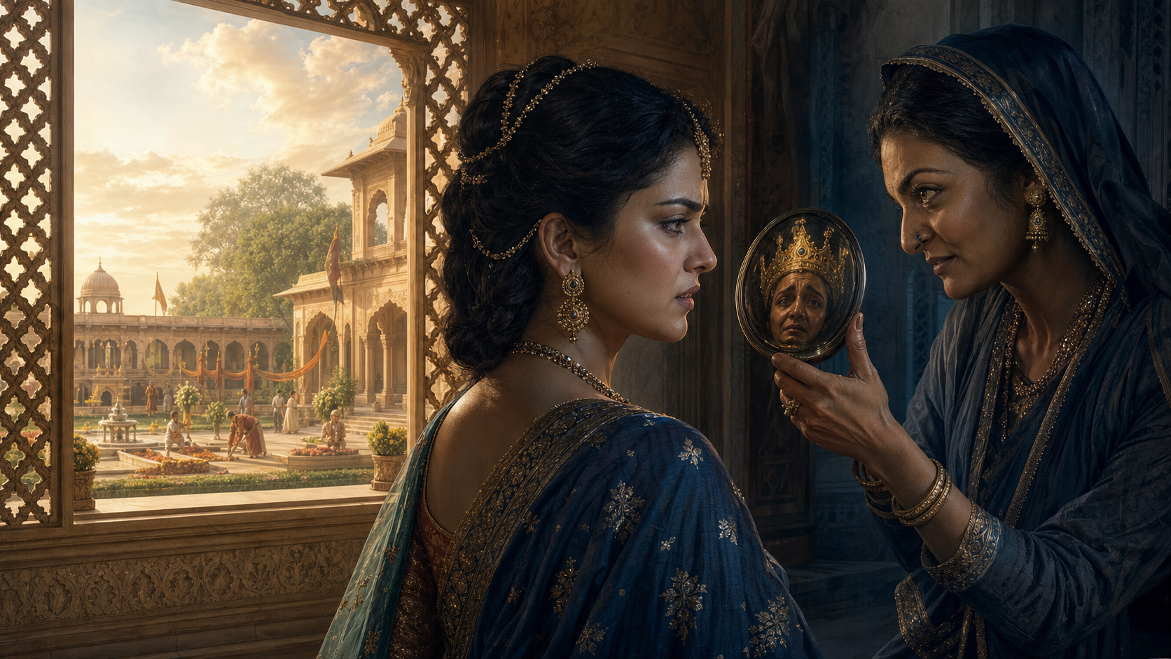 Kaikeyi looks into a dark mirror angled by Manthara while a calm palace courtyard remains visible through an open window.