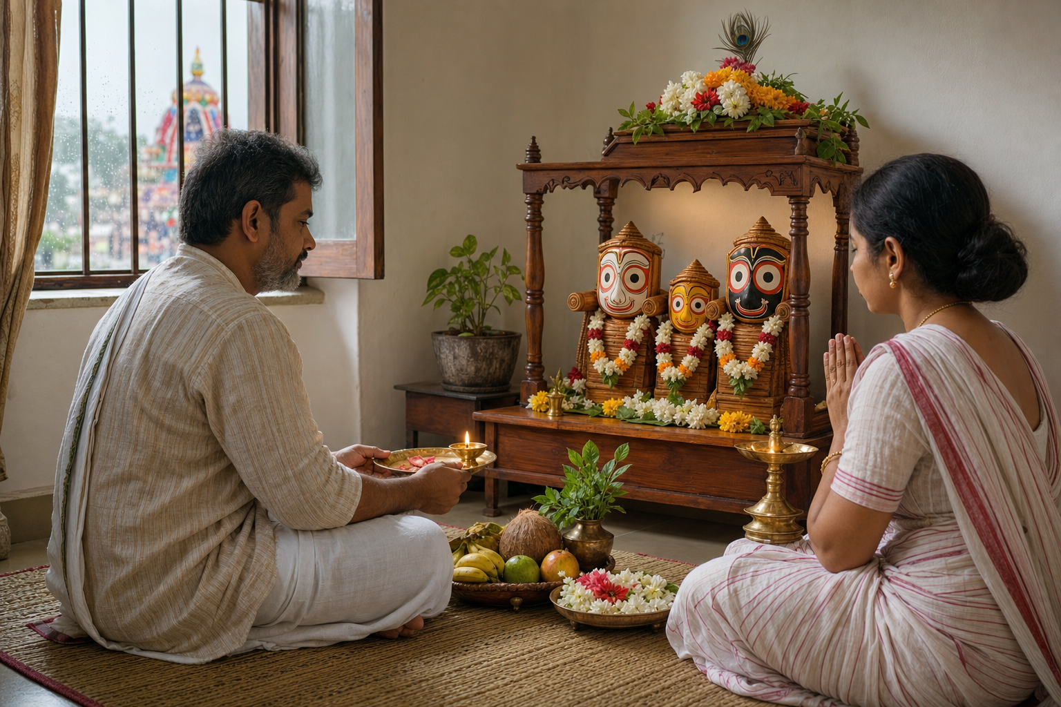 Two devotees pray at a simple home shrine for Lord Jagannath, Balabhadra and Subhadra with flowers, fruit and an oil lamp.