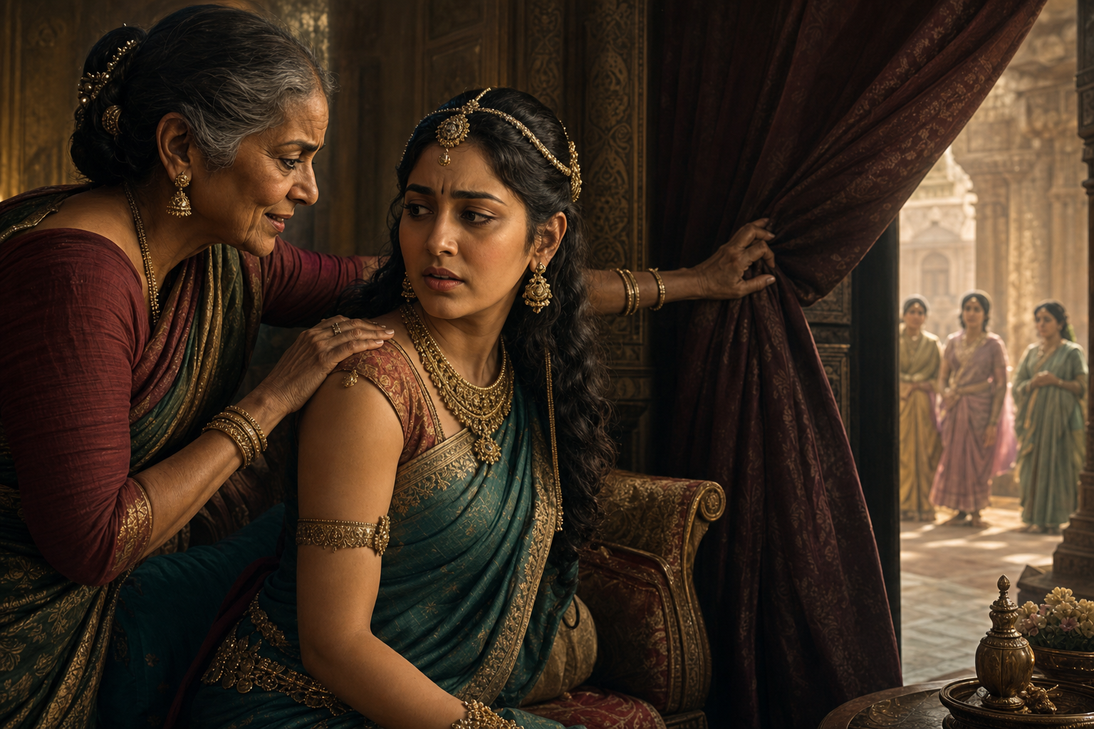 Manthara gestures reassuringly toward Kaikeyi while drawing a curtain that shuts other people out of the royal chamber.