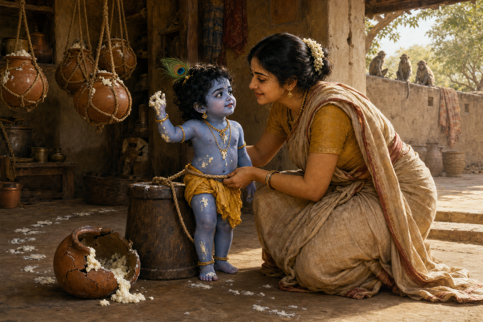 Mother Yashoda gently secures a rope around child Krishna and a wooden mortar beside a broken butter pot and a trail of butter footprints.