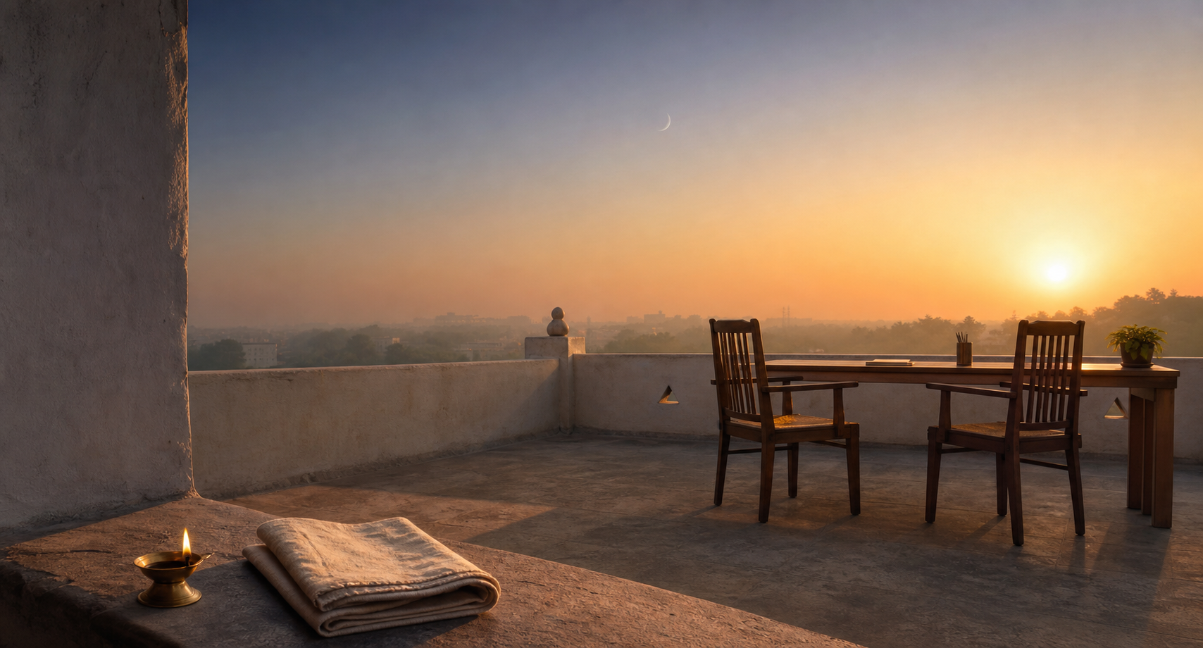 A brass oil lamp, prayer cloth, two wooden seats, and a prepared work surface on an Indian terrace at sunrise.