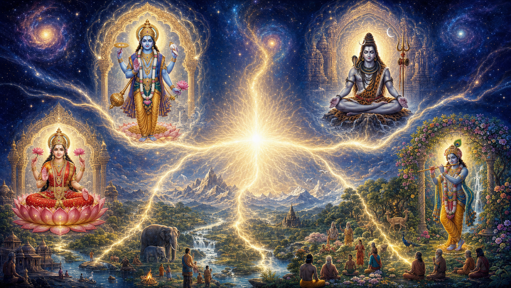 Vishnu, Shiva, Devi, and flute-playing Krishna appear in separate luminous niches around a central field of golden light that extends into the cosmos and natural world.