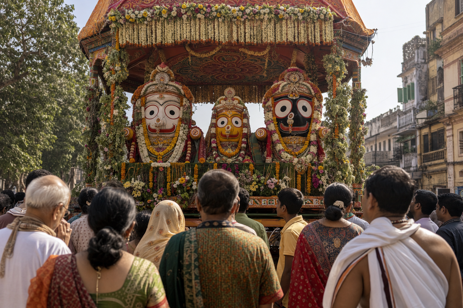 Lord Jagannath, Balabhadra, and Subhadra are visible on an open chariot as devotees and passers-by gather respectfully in the street.