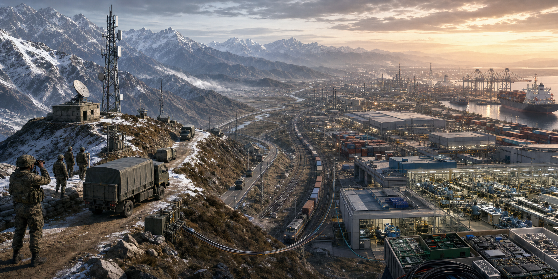Himalayan military supply route merging into factories, freight rail and a container port linked by shared supply lines.
