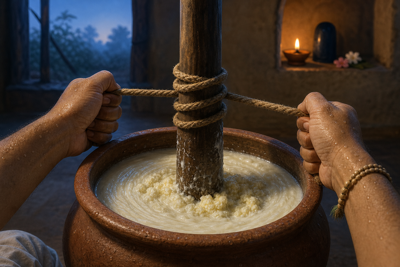 A devotee's hands pull a cord around a wooden staff to churn yogurt in a clay vessel by the light of a small oil lamp.
