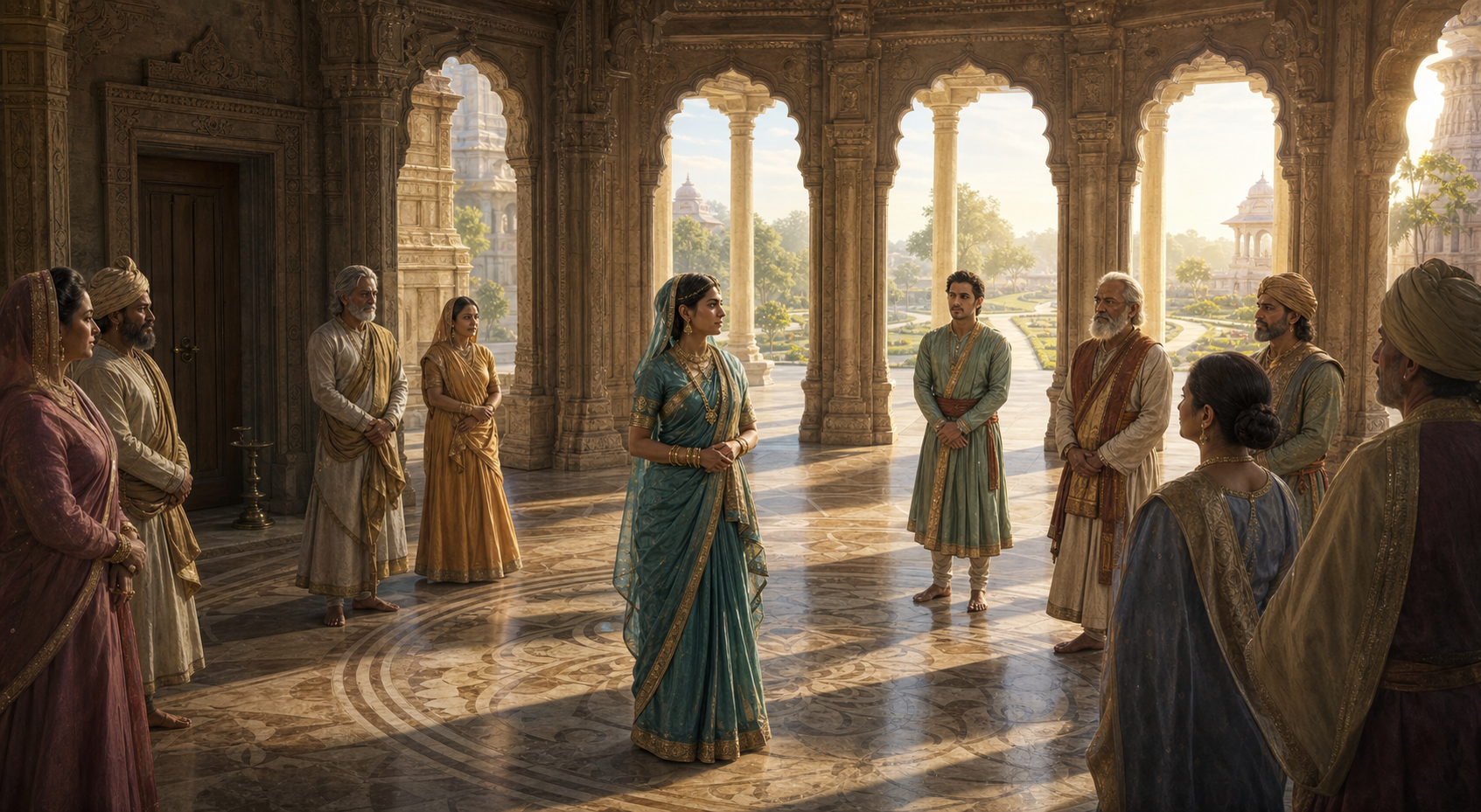 Kaikeyi stands in an open royal hall facing a semicircle of advisers as morning light enters through several arches.