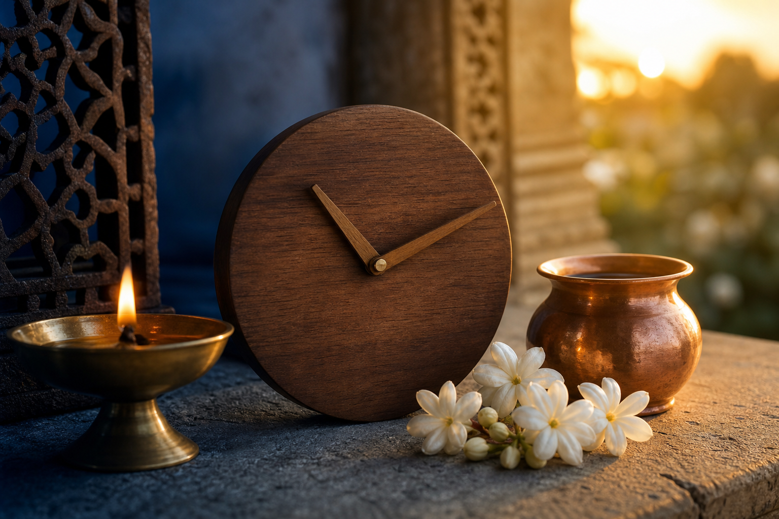 A glowing brass lamp, copper water vessel, jasmine flowers, and an unmarked wooden timepiece lit by the transition from blue dawn to golden morning.