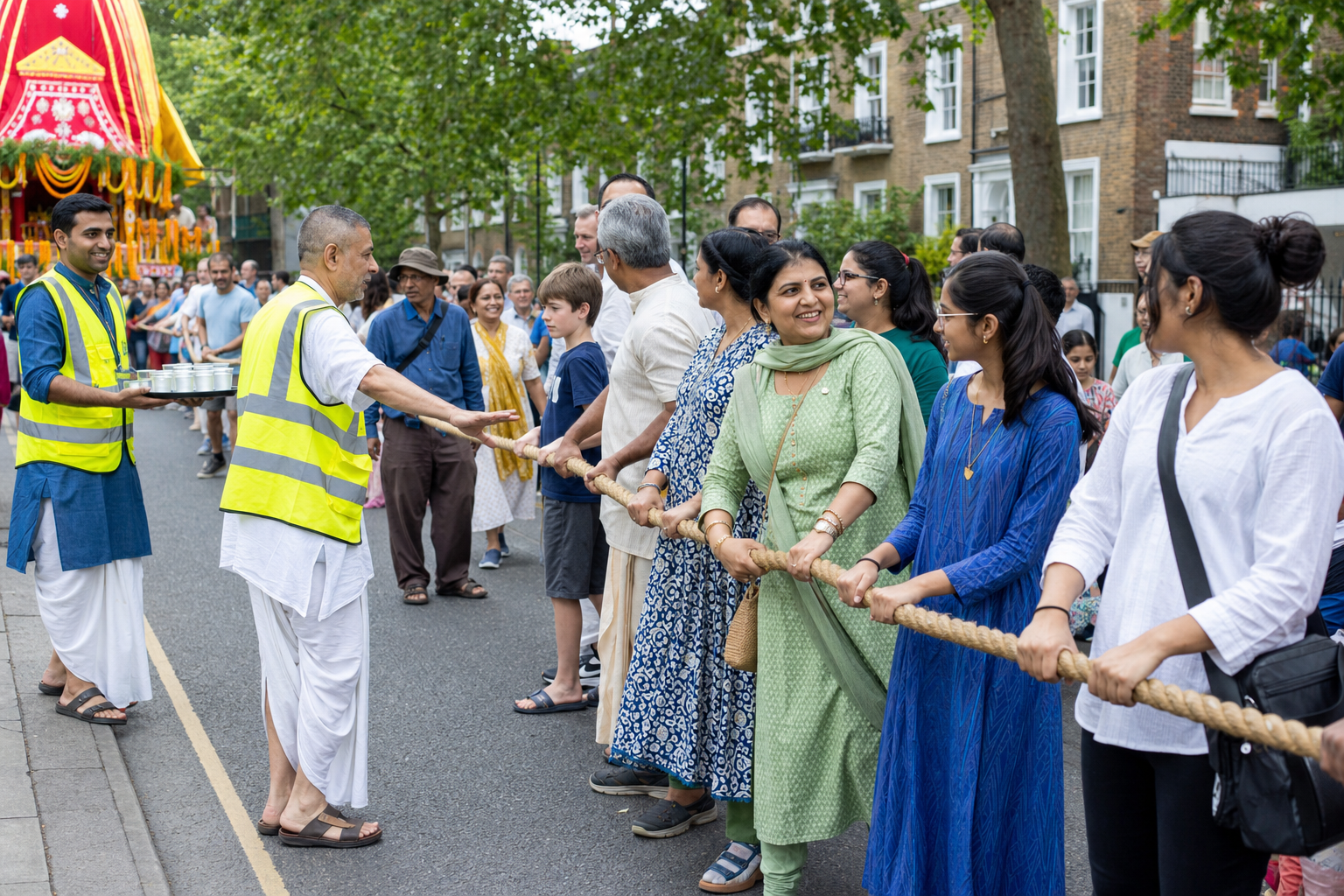 A diverse group follows volunteer guidance while pulling a Rathayatra chariot rope, with water being offered beside the procession route.