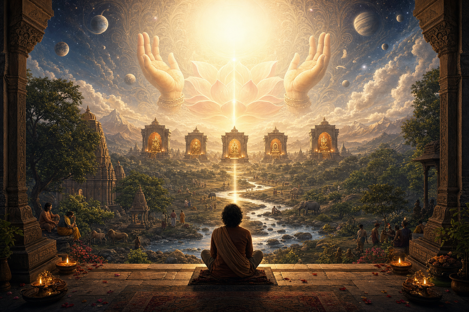 A seated observer looks through a living landscape, several shrine alcoves, a radiant lotus with blessing hands, and an unbounded field of light arranged in successive depths.