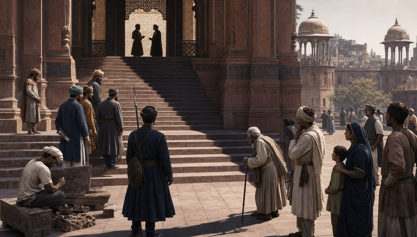 A shadow from two figures conferring inside a palace chamber extends down the steps toward attendants, guards, craftspeople, and families in the courtyard.