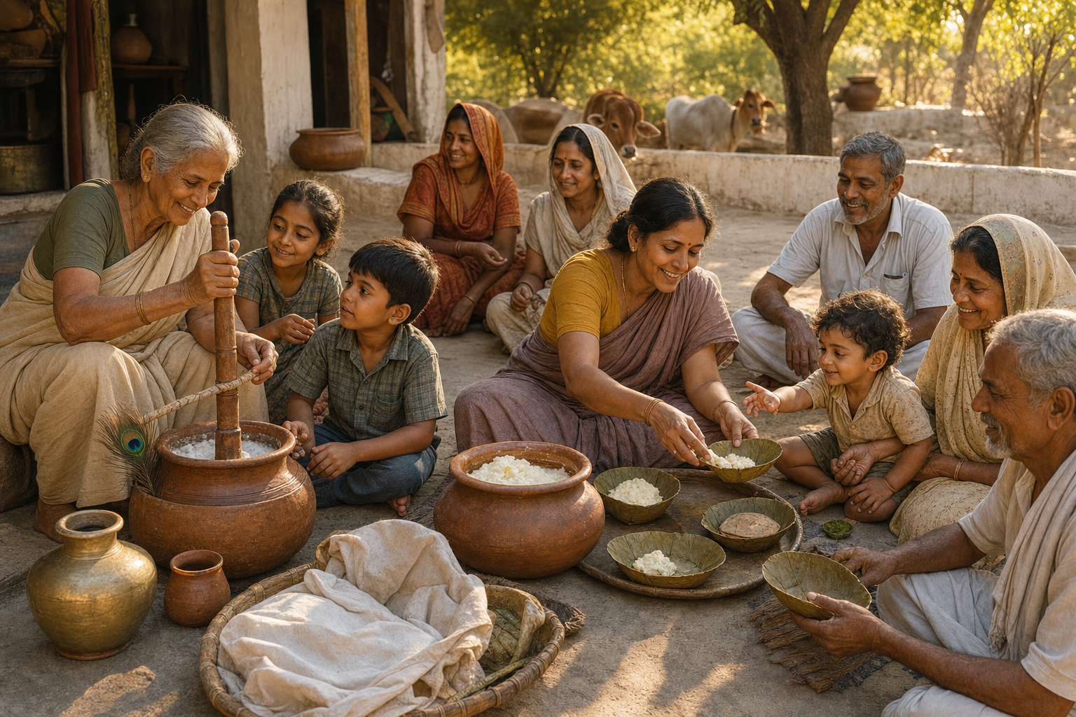 A grandmother shows children how to churn while adults share fresh butter and food with neighbors in a shaded village courtyard.