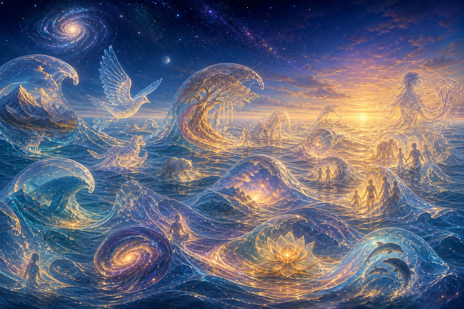 Many waves containing subtle forms of stars, mountains, plants, animals, and people rise continuously from one luminous ocean.