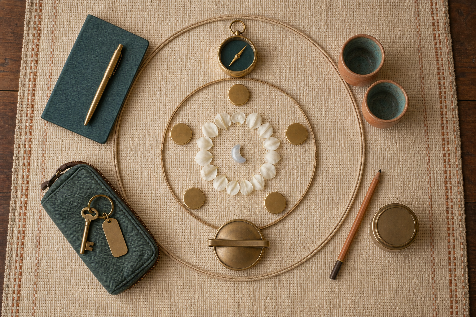 Five concentric arrangements of flowers, brass tokens, a compass, a horizon disc, and everyday work objects on a woven mat.