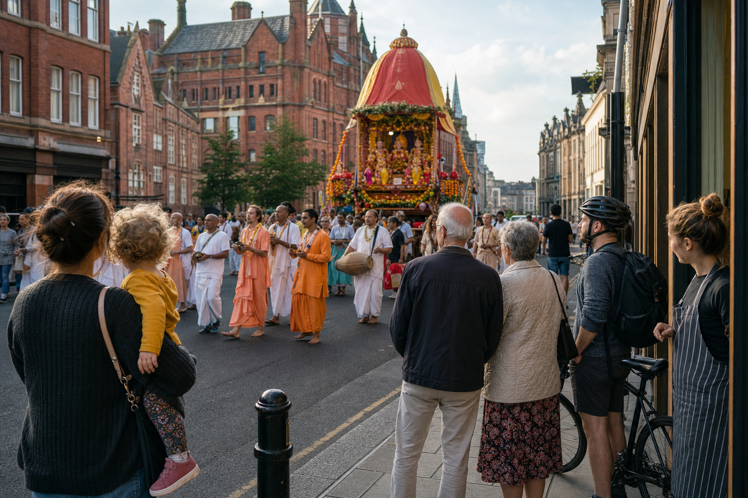 Nottingham residents pause along a city street to observe a flower-decorated Rathayatra chariot and singing devotees passing through the public space.