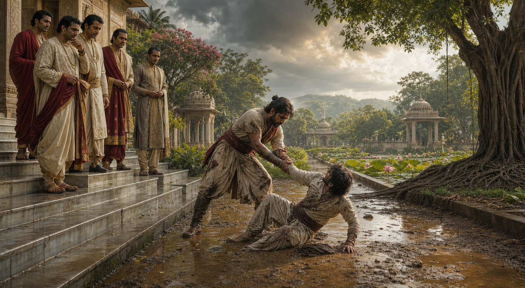 A travel-worn warrior helps a fallen stranger while cleanly dressed courtiers watch from the steps of a palace garden.