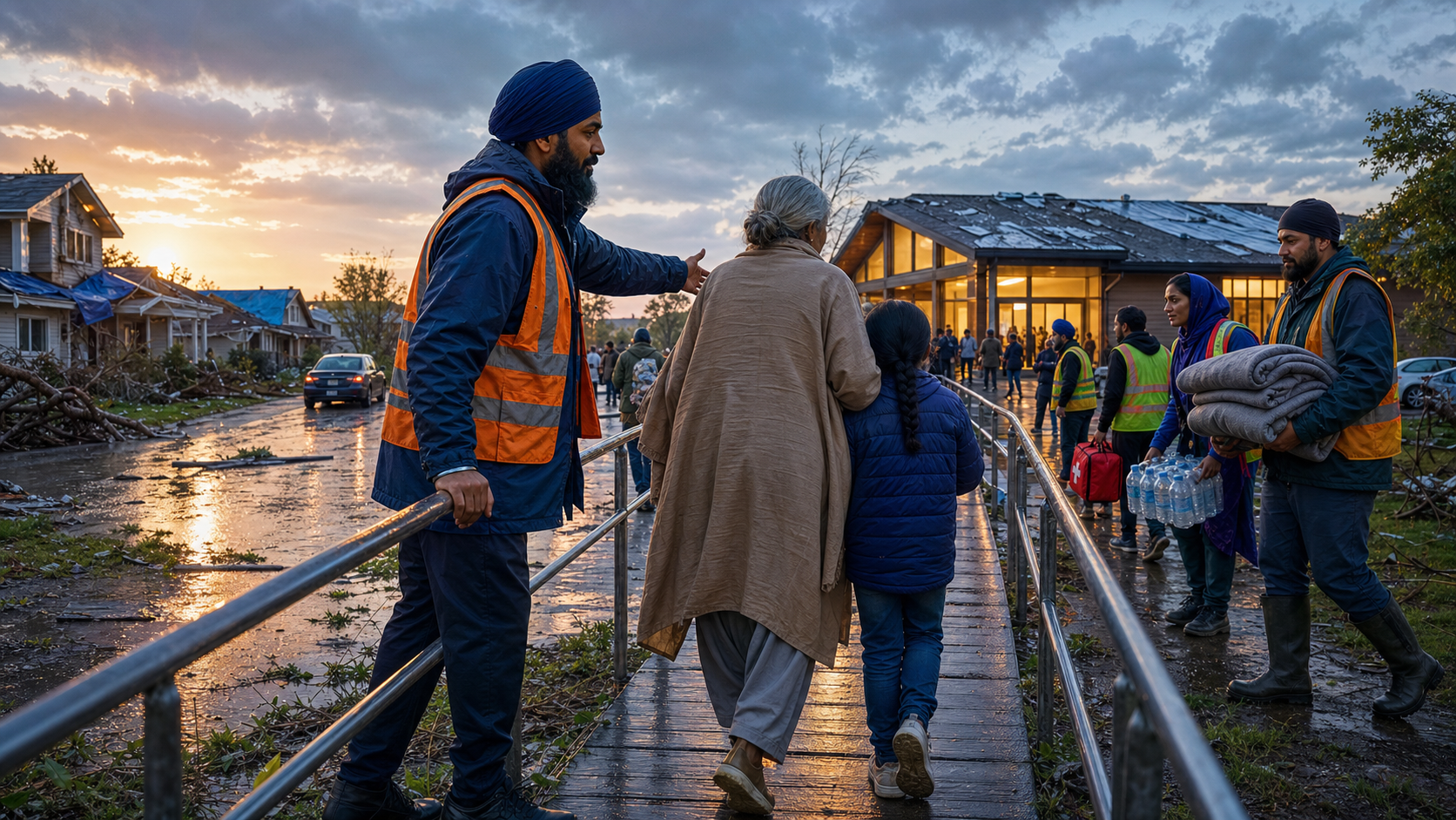 A Sikh volunteer in a deep-indigo turban guides an older adult and a child toward a community shelter after a storm while other volunteers carry relief supplies.