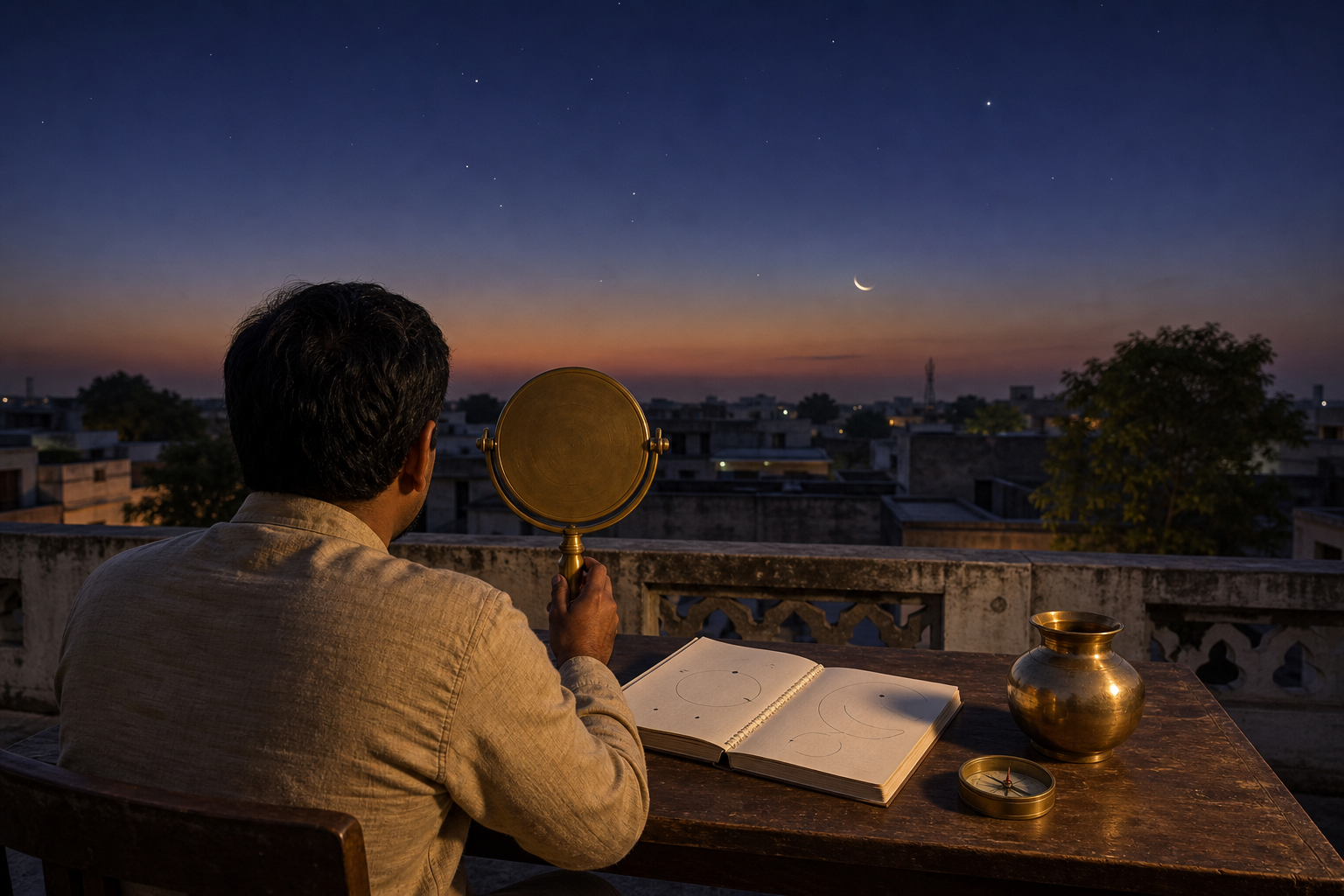 A person on an Indian rooftop observes a crescent moon and stars beside a brass sky instrument, compass, and open notebook.