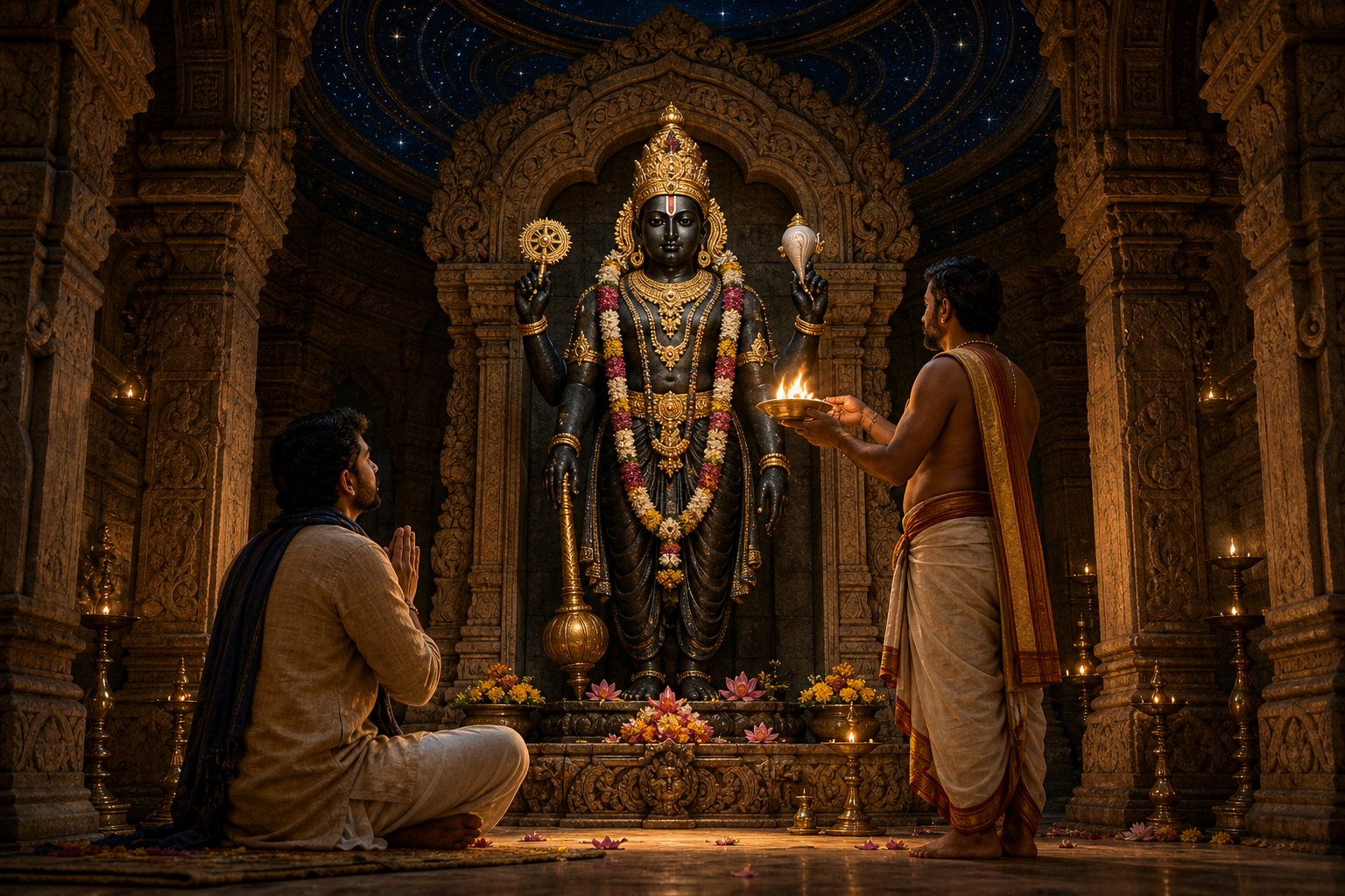 A priest offers an oil lamp before a four-armed black-stone Vishnu murti while a seated devotee watches with joined hands in a carved temple sanctum.