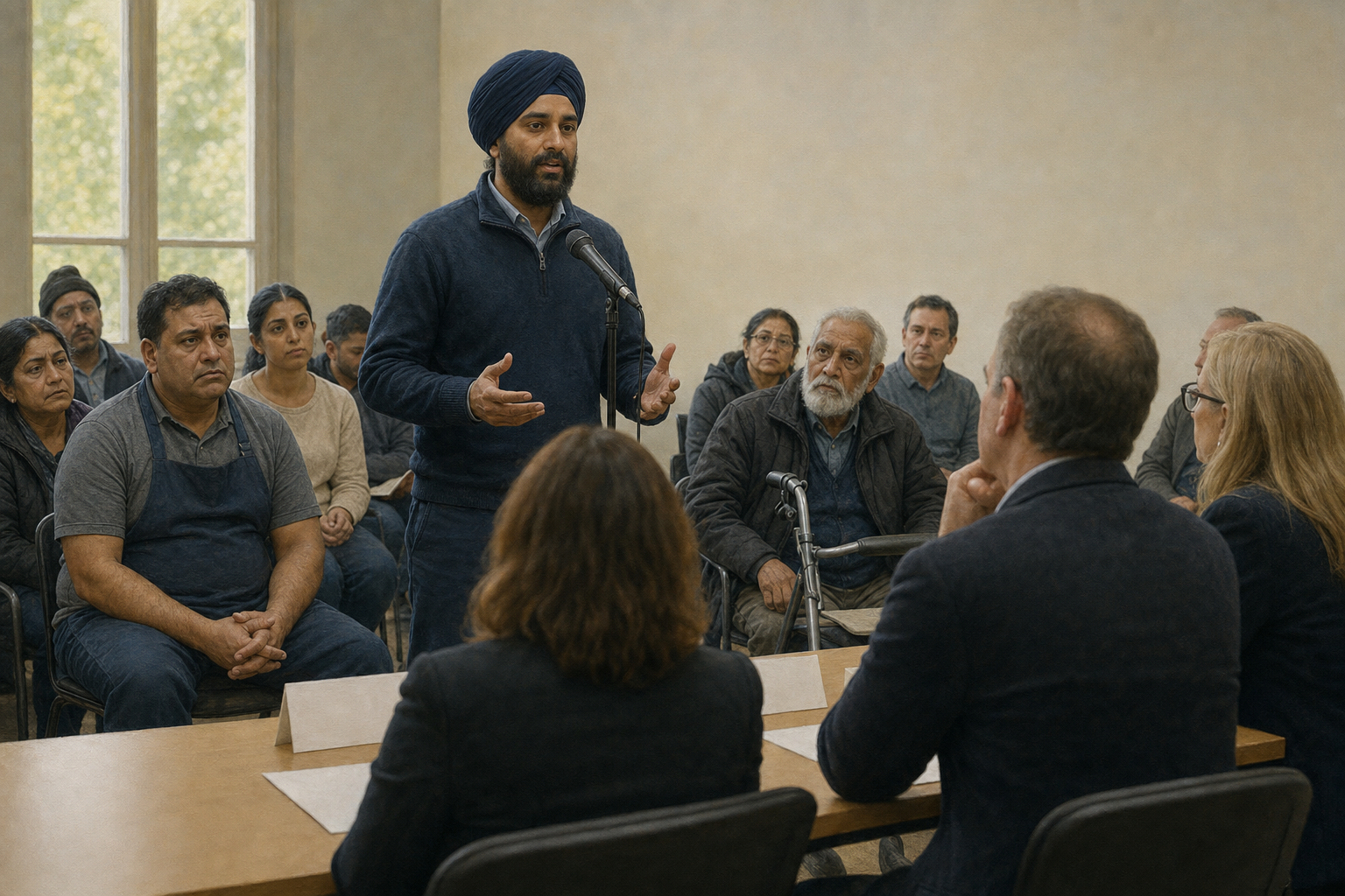 A Sikh man in a navy turban speaks at a microphone in a community meeting as neighbors and local officials listen.