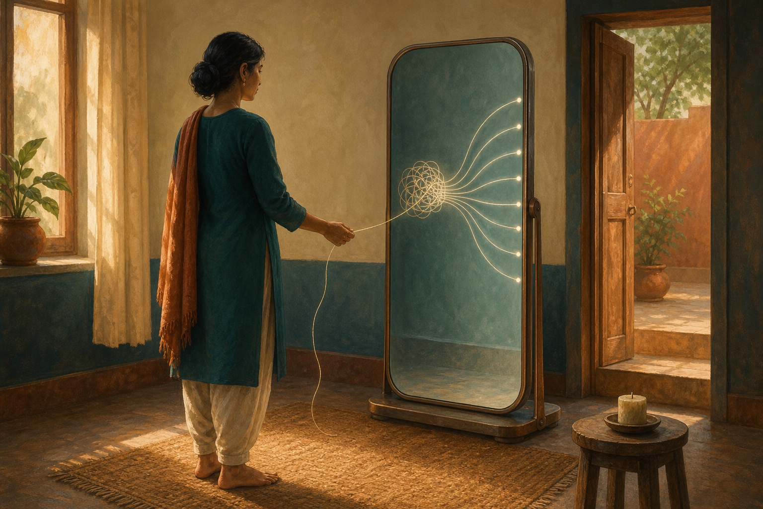 A person holds a tangled thread in front of a translucent mirror as the reflected strands become more orderly.