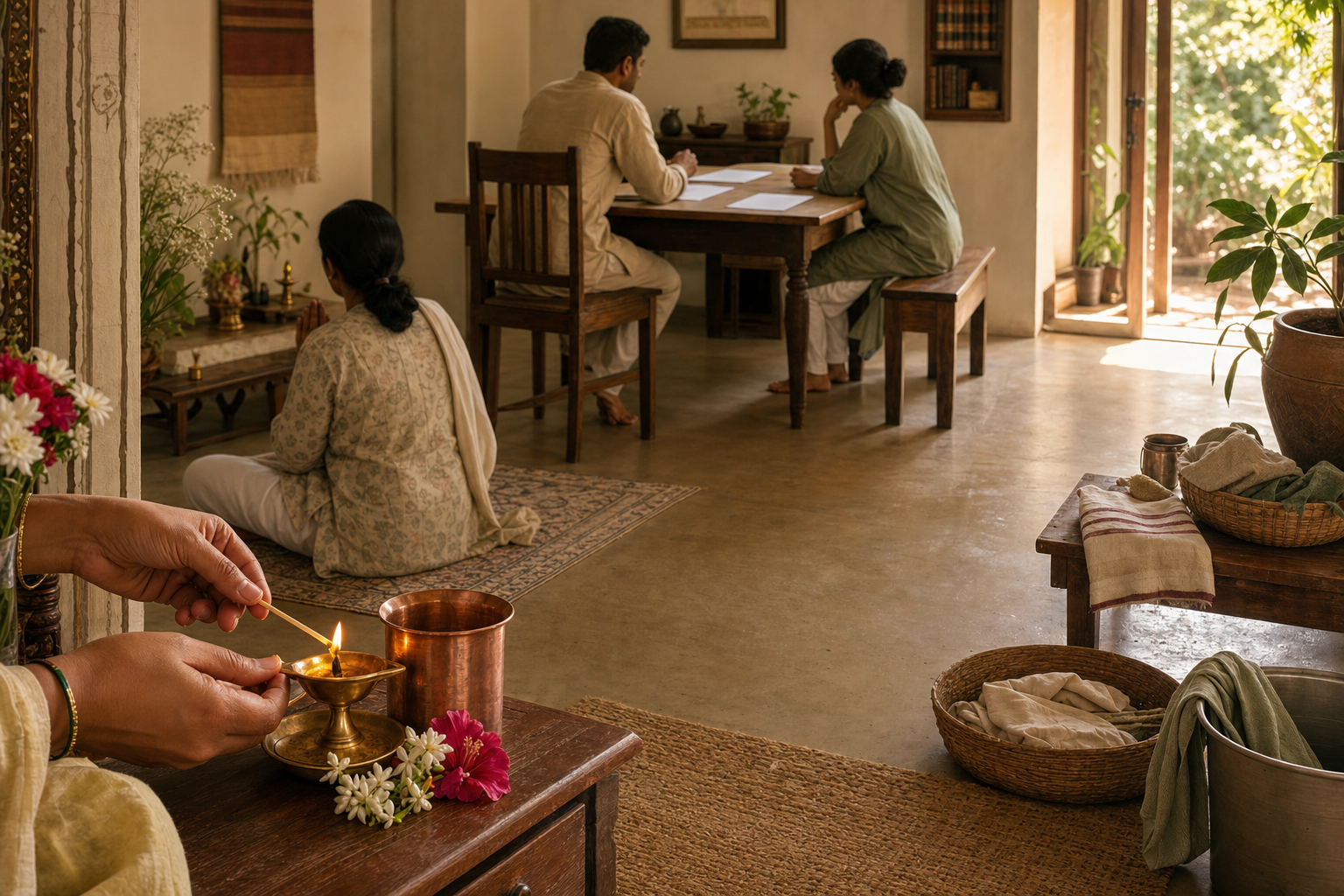 People in a sunlit Indian home light a brass lamp, pray, discuss a project, and organize household items.