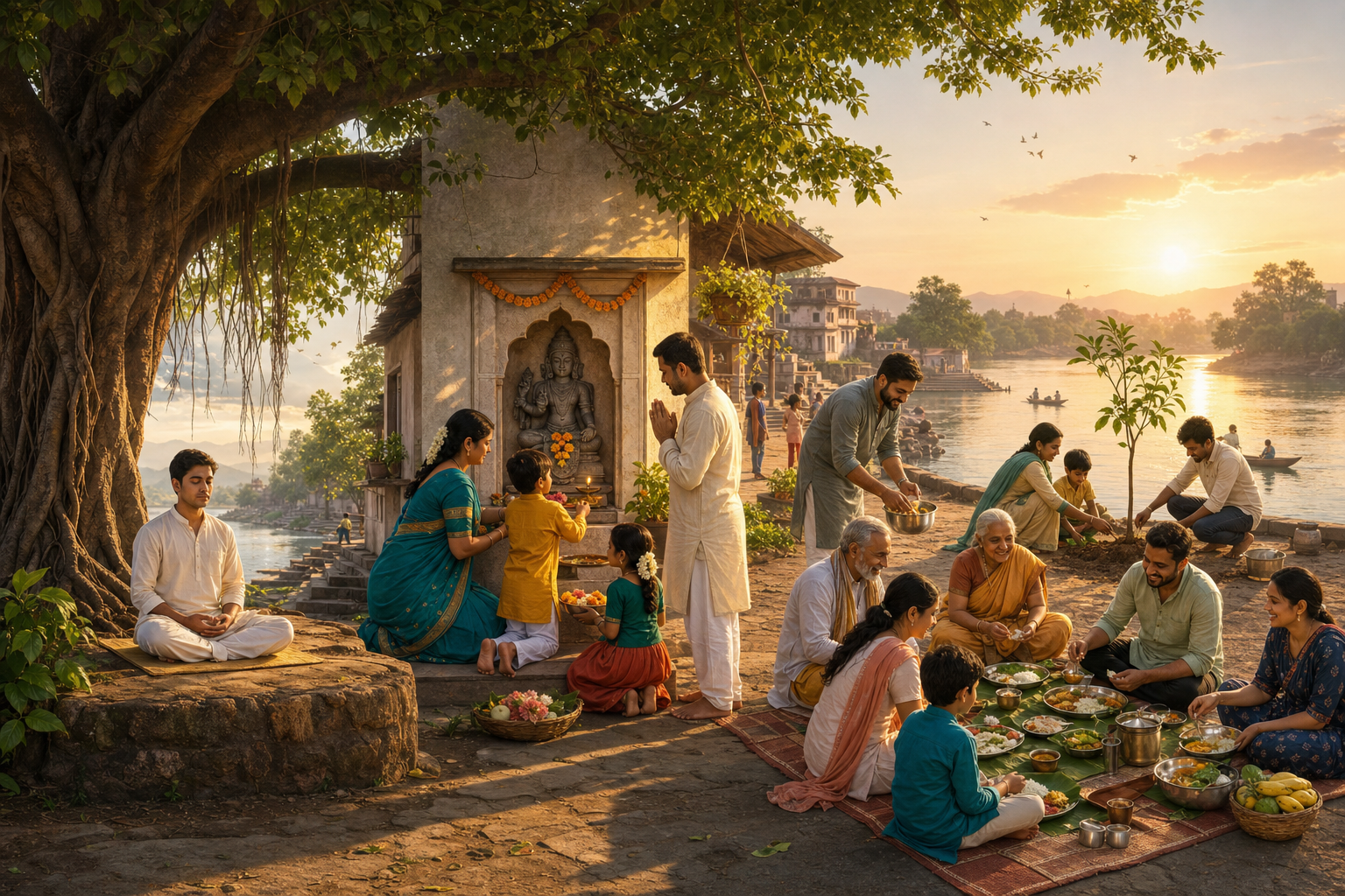 A continuous riverside scene shows meditation beneath a banyan tree, a family making an offering at a home shrine, and neighbors serving food and caring for a young tree.