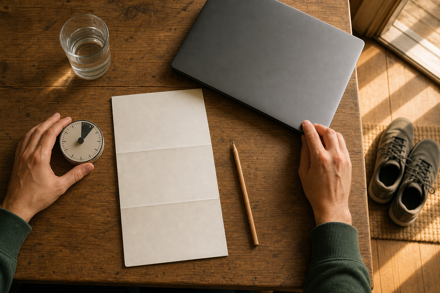 Hands, a blank notebook, an analog timer, a glass of water, and a partly closed laptop are arranged on a sunlit table near walking shoes.