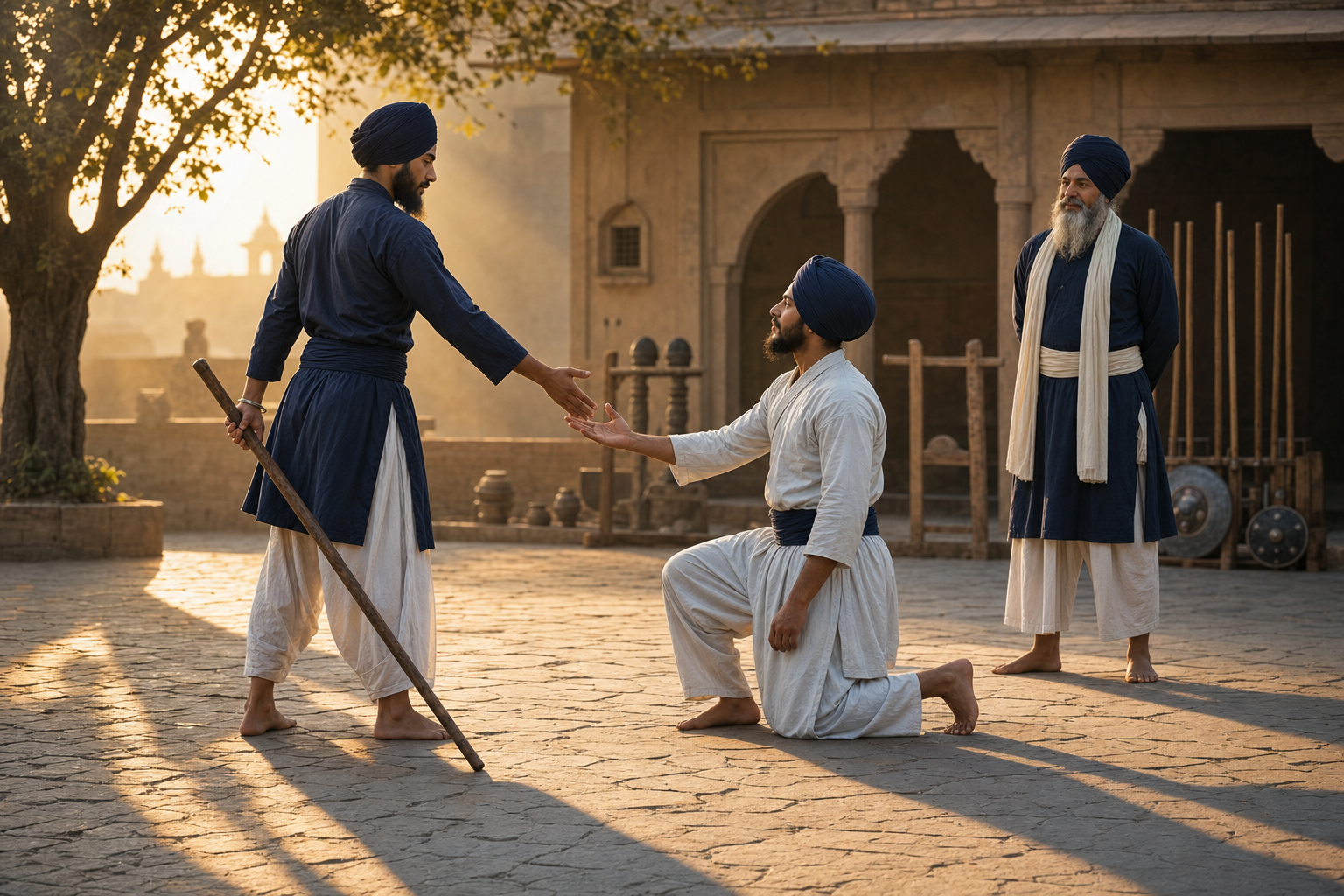 Two Sikh gatka practitioners pause with wooden staffs as one offers a hand to the other under an instructor's supervision.