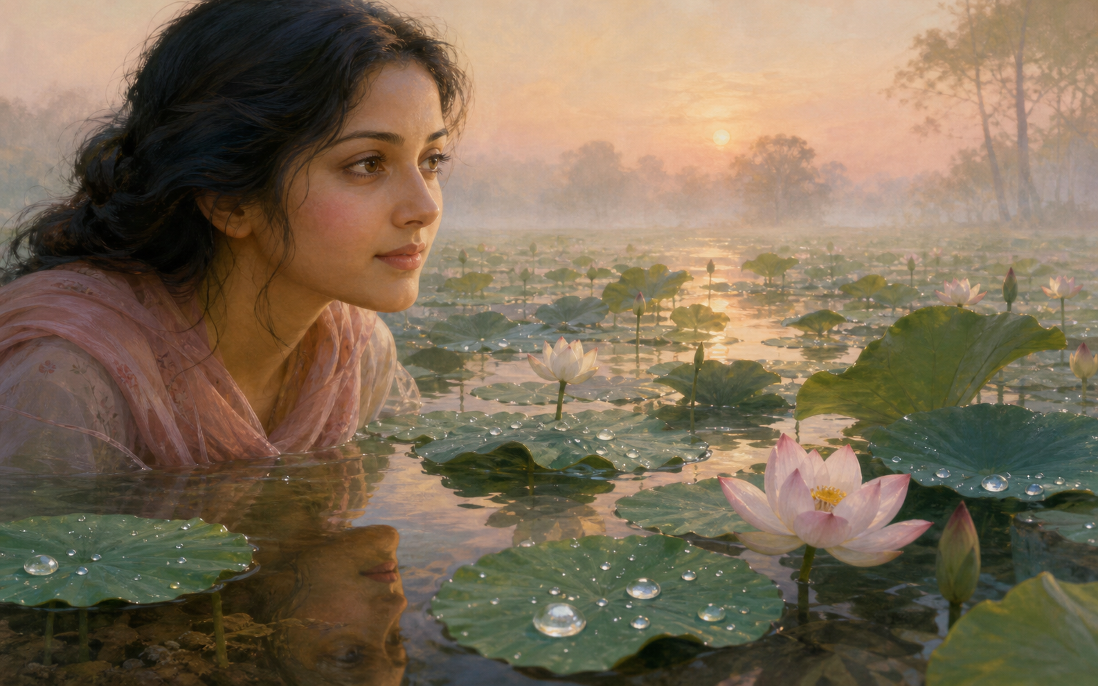 A serene woman gazes across a dawn lotus pond where clean blossoms rise above dark water and droplets rest on broad green leaves.