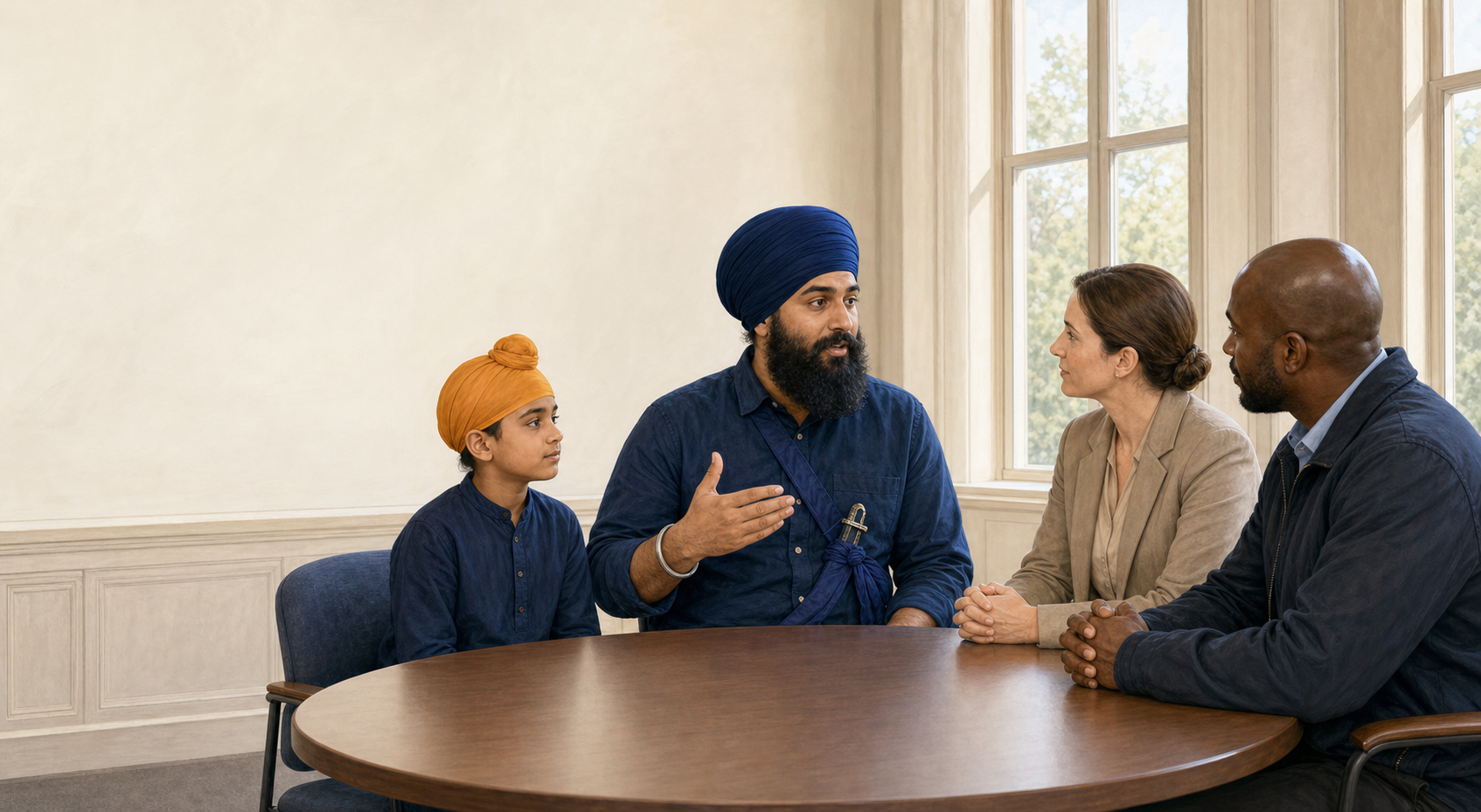 A Sikh parent in a blue dastar and steel kara sits with a child in a saffron patka while an administrator and security professional discuss accommodation at a round table.