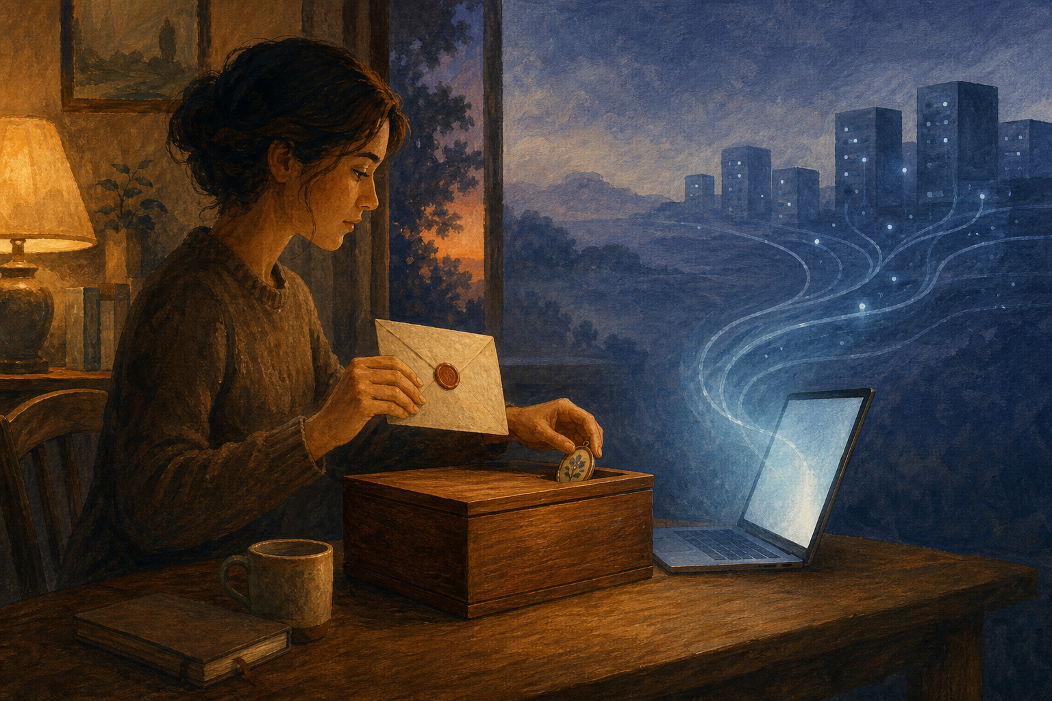 A person places a sealed letter and keepsake in a wooden box while abstract network paths extend behind a nearby laptop.