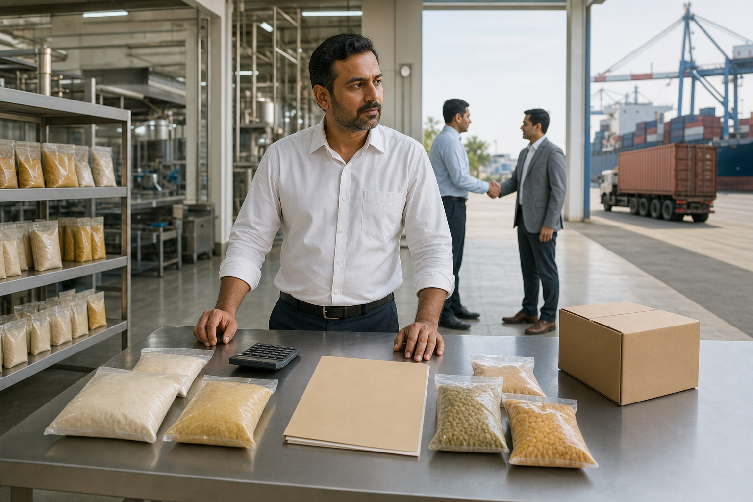 An Indian food manufacturer considers a calculator, compliance folder, packaged foods, and export carton beside paths to retail, a buyer, and a cargo terminal.