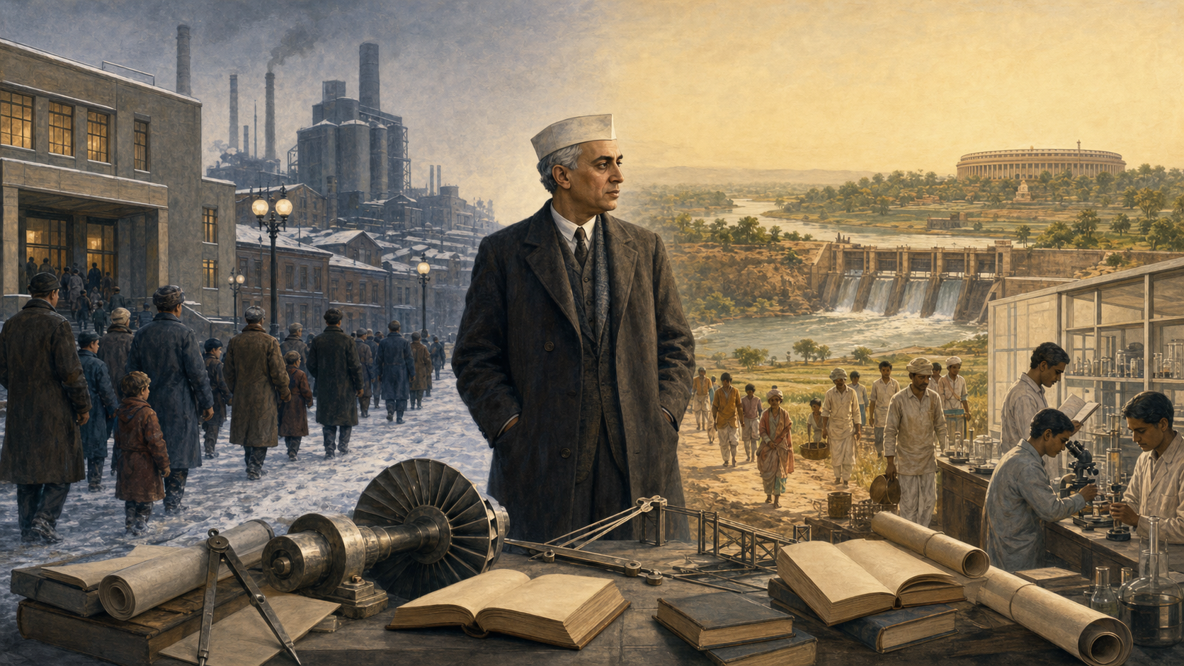 Jawaharlal Nehru stands between a wintry 1920s Moscow scene and an Indian landscape containing a dam, laboratory, farmland and parliament-like civic architecture.