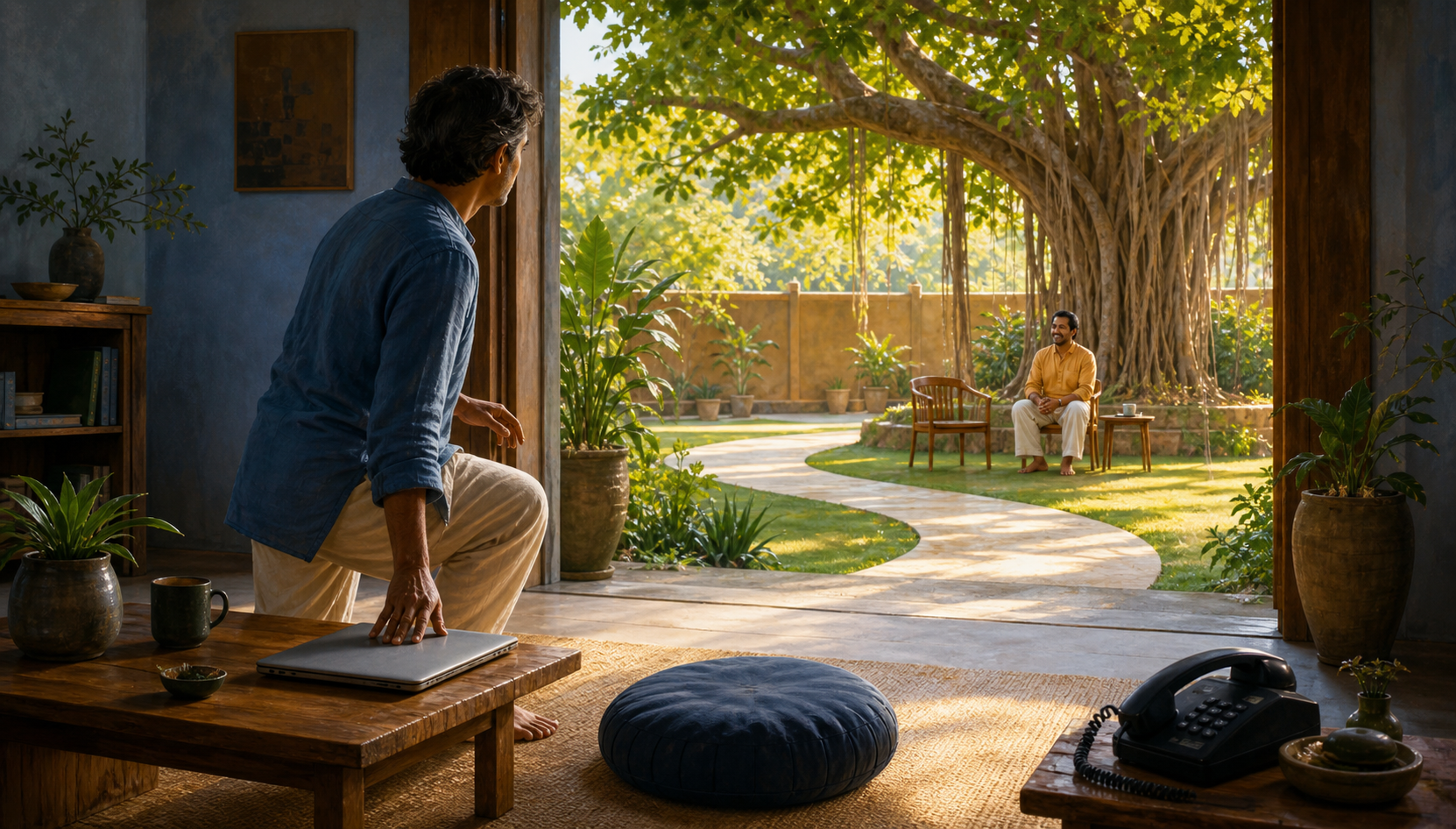 A person closes a laptop and follows a sunlit path toward a waiting friend and two chairs beneath a large tree.