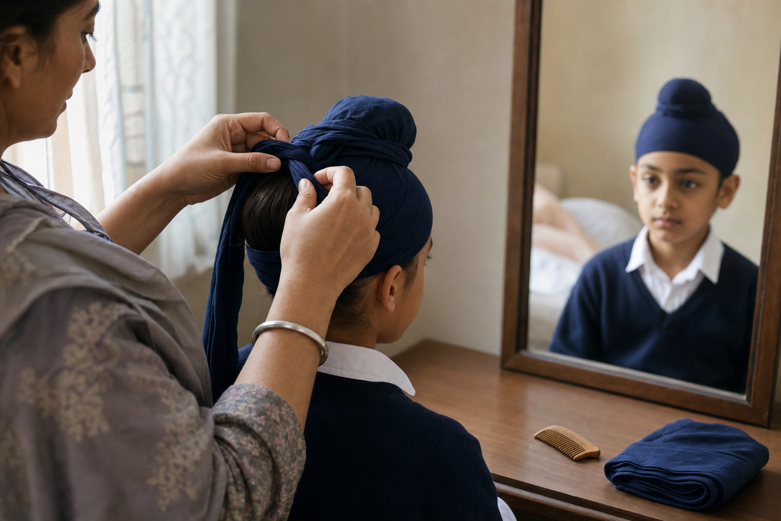 A parent wearing a steel kara ties a navy patka over a child's hair beside a wooden kangha and folded turban cloth.