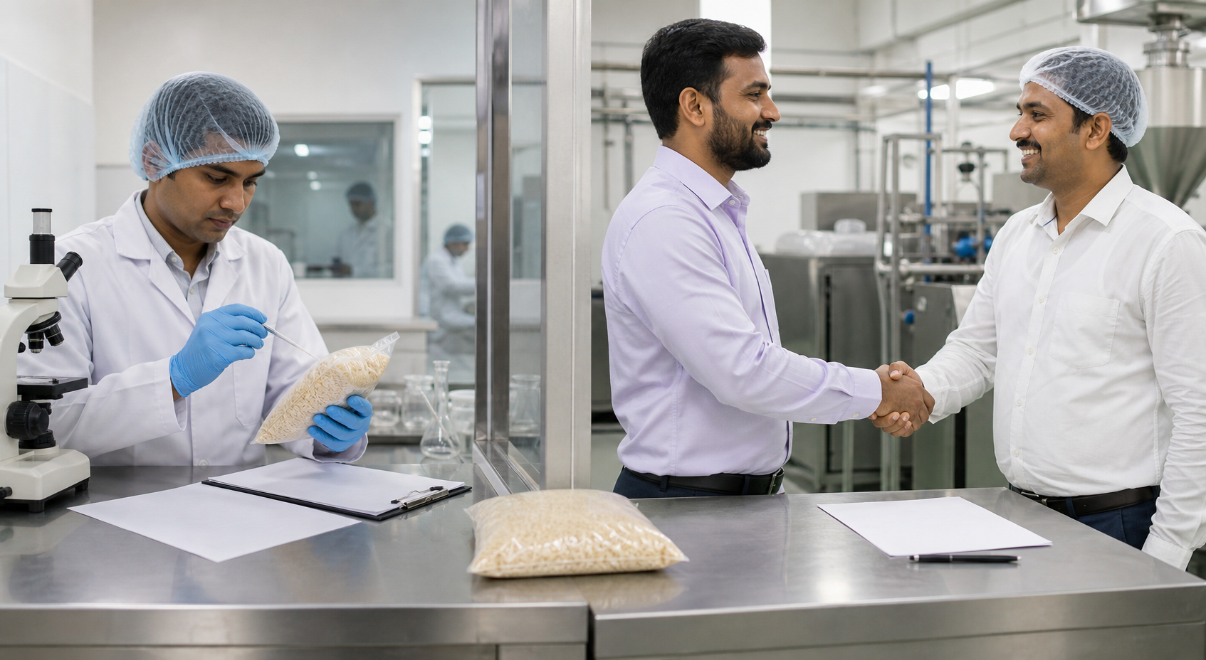 A food sample is shown between a laboratory inspection on one side and a private buyer-producer handshake on the other.