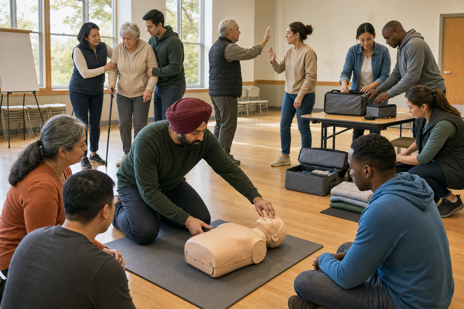 A Sikh facilitator leads a first-aid and emergency-response practice session for a diverse group of community volunteers.