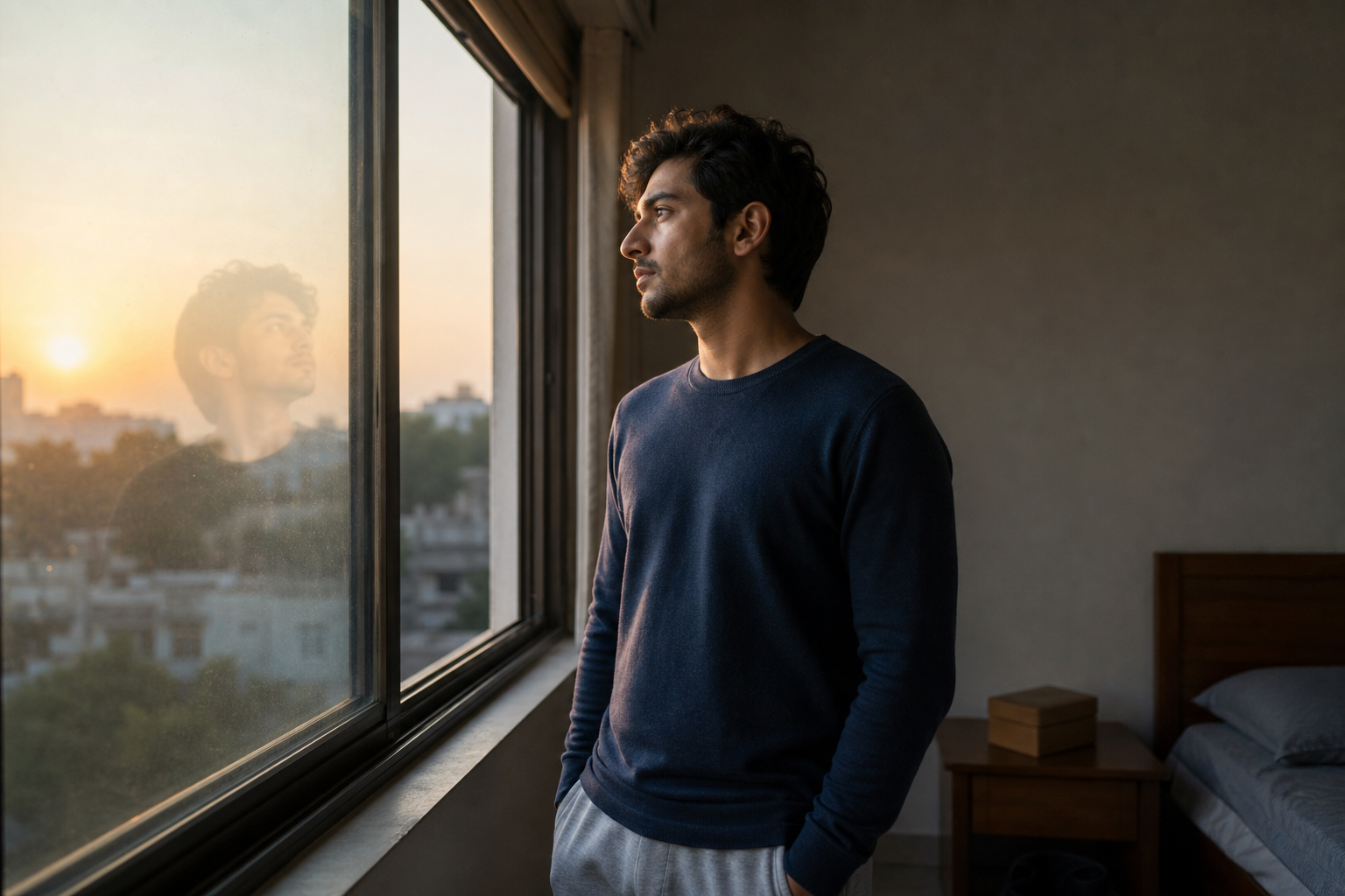 A person stands beside a sunlit window while a softer, more carefree version of them appears in the glass reflection, with a closed keepsake box on a nearby table.