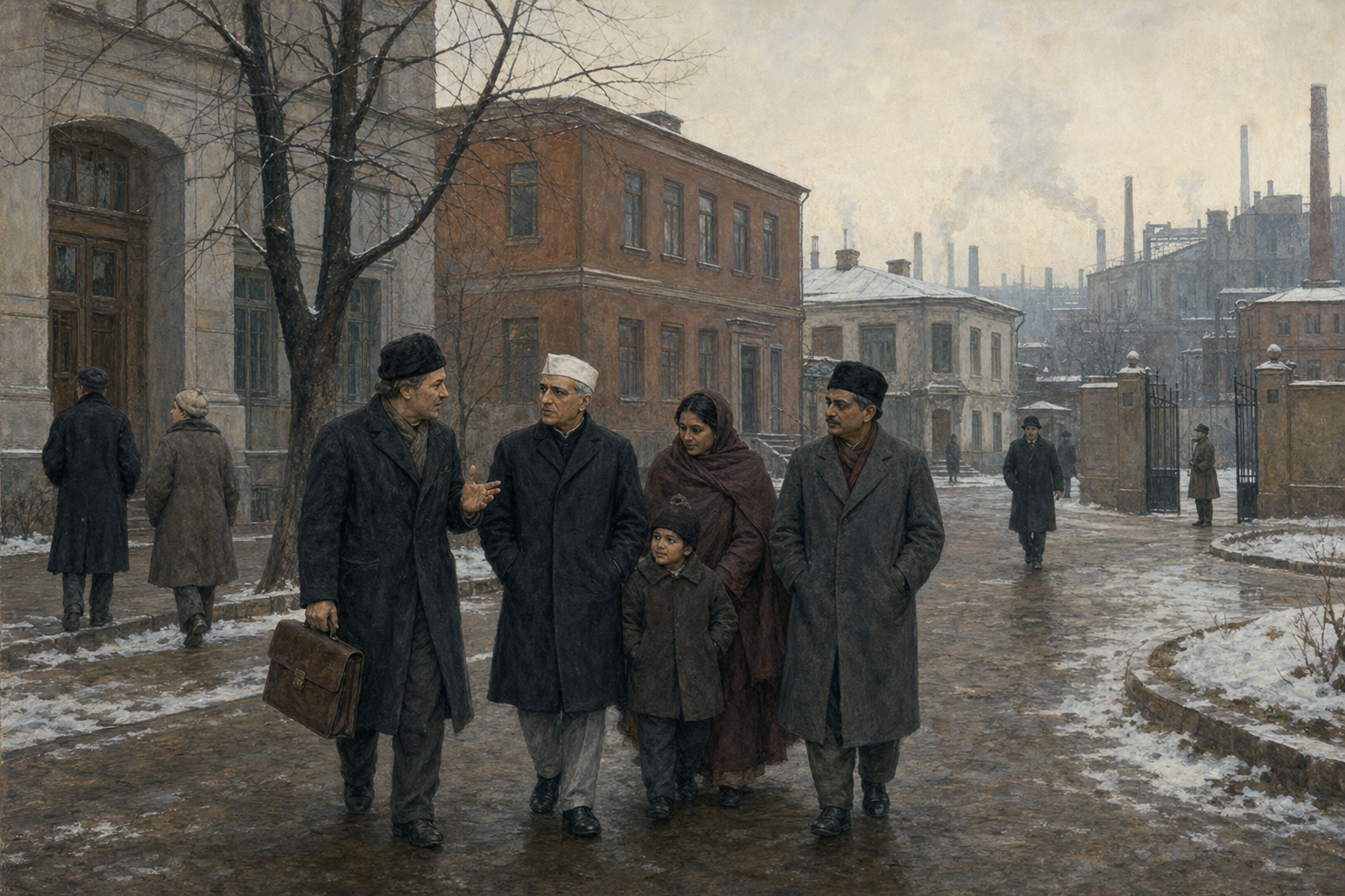 Nehru and a small group of Indian visitors walk with a guide through a wintry 1927 Moscow courtyard near public institutions and a distant industrial complex.
