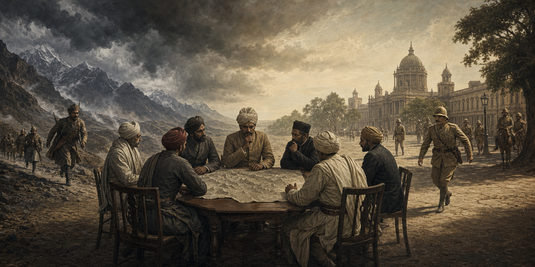 Indian political delegates study an unmarked map between a stormy military frontier and a city square watched by colonial police.