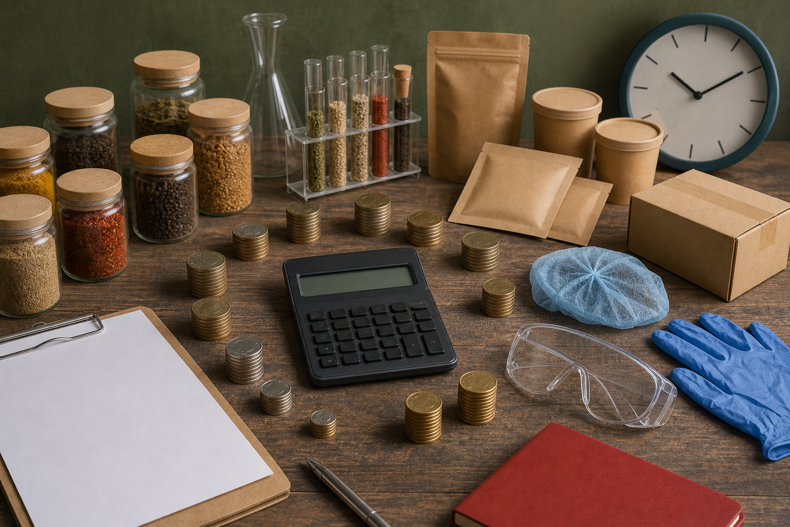 A calculator and several stacks of coins sit among laboratory samples, audit equipment, blank forms, packaging, a clock, and a shipping box.