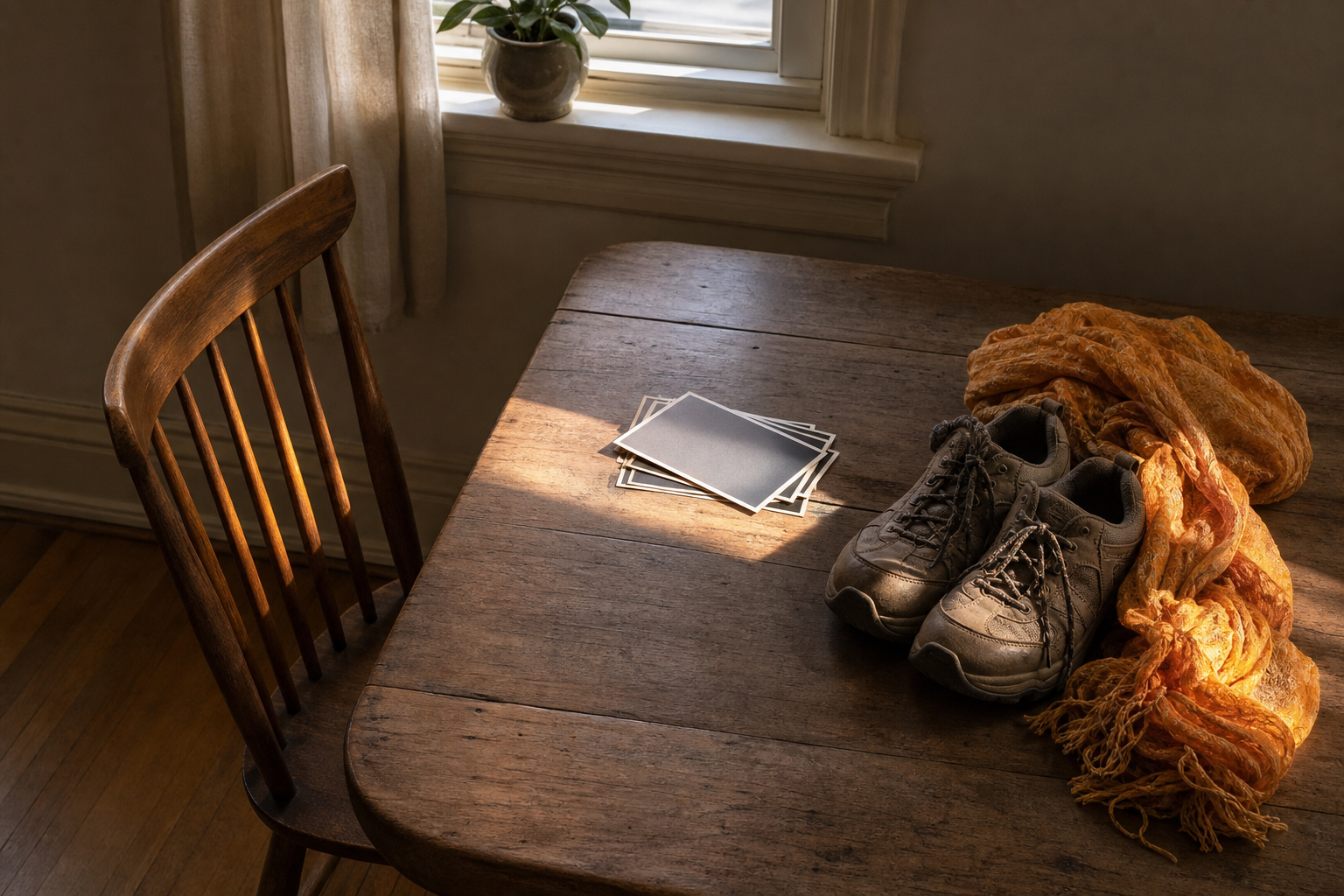 An empty chair, a stack of face-down photographs, and a bright scarf beside walking shoes are arranged on a wooden table in morning light.