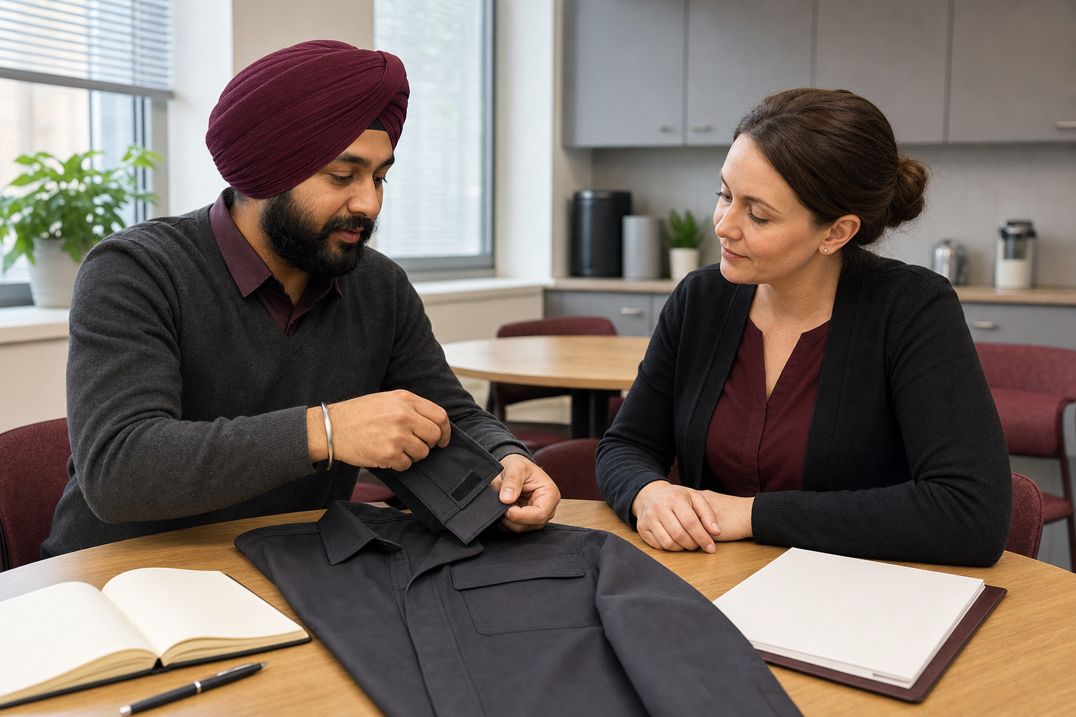 A Sikh employee wearing a maroon dastar and steel kara discusses uniform sleeve options with a manager in a staff room.